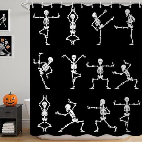 GCIREC Duschvorhang, 180x200cm, Schwarz und Weiß Halloween Cartoon Lustiger Totenkopf Skelett Tanzen Wasserdichter Stoff Maschinenwaschbarer Badezimmervorhang mit Haken