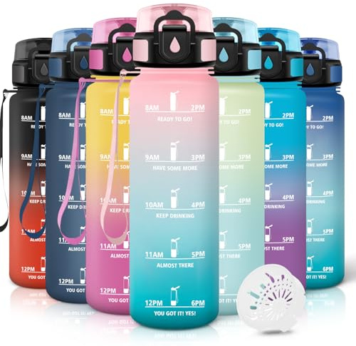 Motswedi Trinkflasche Sport, 1000ml Auslaufsicher, Trinkflasche Kohlensäure Geeignet, Mit Zeitstempel, Wasserflasche, Leichte, Flasche, Sportflasche, für Yoga, Fahrrad, Reisen, Rosa&Türkis