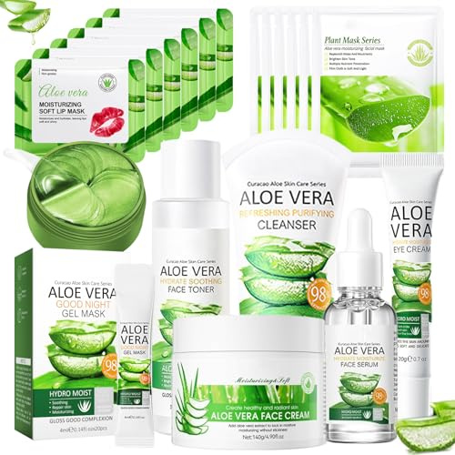 Honicemar 19Pcs Aloe Vera Skincare Set Kit Idratante e Set per la Cura Della Pelle, Include Detergente, Tonico, Siero, Crema Gli Occhi, Crema, Maschera Labbra e Occhi, Maschera, Maschera Gel Notte