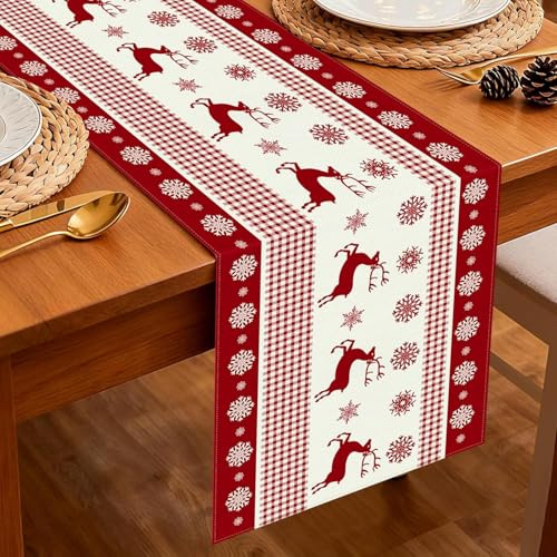 Viosmut Tischläufer Weihnachten 40x180 cm, Weihnachtstischläufer Rot Elch Winter Weihnachts Tischdeko, Weihnachten Tischläufer Modern Schneeflocke für Weihnachtsdeko Innen Tisch Küche im Freien