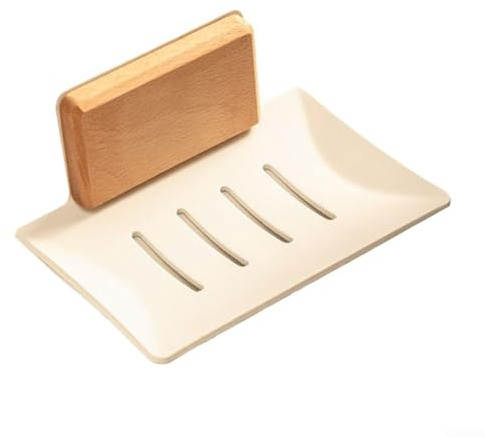 Jaboneras para baño, barra de jabón montada en la pared para ducha, sin taladro, estuche de jabón de aluminio con drenaje, soporte de esponja (madera A + blanco)