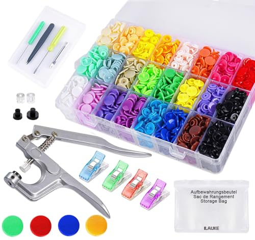Frosted Press Studs Snap Fasteners Kit, ilauke 400 Sets T5 Plastic Poppers Fasteners with Pliers, Snap Buttons with Storage Boxes for Children's Clothing Sewing, Crafts Handmade DIY Clothing Repairs
