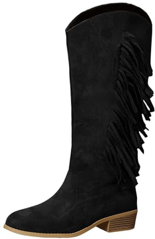 Botas de Ante con Flecos Media Caña para Mujer Bajo Punta Fina Estilo Europeo Americano Otoño Invierno (Black, 43)
