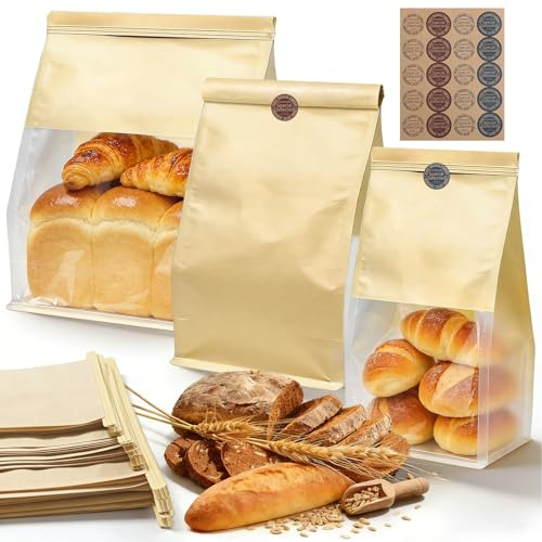 Mispudin 46 Pack Paper Bread Bags for Homemade Bread, 3 Sizes with 9x4x11, 6x5x11, 5x4x11in, Bakery Bags with Window, Tin Tie, Labels, for Toast, Biscuits, Sourdough, Cookies, Gifting, Packaging