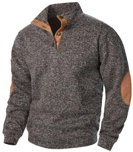Generisk tröja för män, ståkrage, pullover, bomull, långärmad skjorta, ledig tröja, enfärgad arbetströja fritid, ulltröja med knappslå vintertröja, sjömanströja herr, kaffe, XL