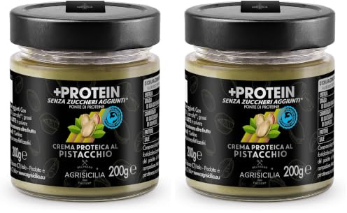 Agrisicilia, +Protein crema spalmabile al Pistacchio, crema proteica senza zuccheri aggiunti, gusto pistacchio,creme spalmabili ideali per la dieta, 200 grammi (Confezione da 2)