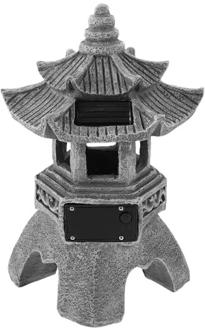 GLEAVI Linterna Solar de Pagoda de Resina Pequeña, Decoración Zen para Jardín y Patio, Lámpara de Piedra Japonesa para Exteriores, Estatua Resistente Intemperie, Lámpara Decorativa