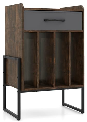 FANTASK Soporte para tocadiscos, estante para discos de vinilo con cajón de tela plegable y 4 compartimentos para hasta 160 álbumes, estantería de vinilo como mesa auxiliar de estilo vintage para