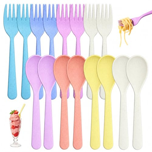 Heropen 16 Pack Multicoloured Reusable Plastic Teaspoon & Fork Set | Short handle cutlery, multicoloured design, reusable tableware, suitable for dessert, ice cream, soup and daily meal
