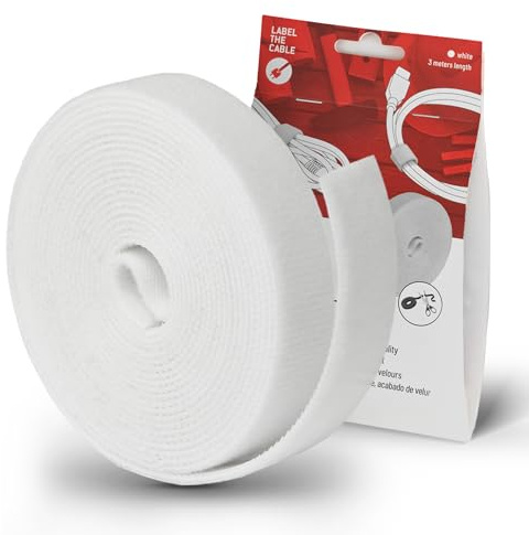 LABEL THE CABLE Roll Strap Klettband beidseitig, 3m x 16mm, Weiß | Kabelbinder Klett, zuschneidbar, Kabelmanagement, Pflanzenbinder, Werkstatt, DIY, wiederverwendbar
