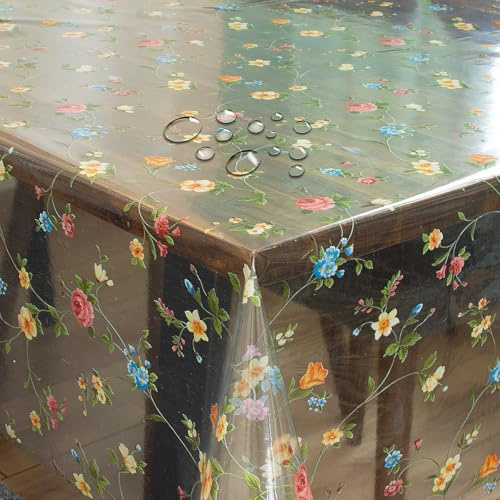 Transparente Folie Schutzfolie Schutztischdecke 0,15 mm Blumen Bunt Rechteckig 90 x 140 cm, abwaschbare Tischdecke, wasserabweisend