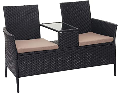 Mendler Poly-Rattan Sitzbank mit Tisch HWC-E24, Gartenbank Sitzgruppe Gartensofa, 132cm - schwarz, Kissen Creme