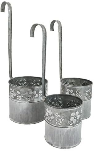 zeitzone 3er Set Hängender Blumentopf Zink Vintage-Stil mit Haken Balkon Hängetopf Grau