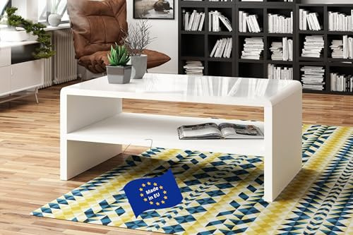 Mazzoni Rock Couchtisch Weiß Hochglanz 110x60cm mit praktischer extra Ablage modern stabil Wohnzimmertisch Beistelltisch Sofatisch Zeitloses Design platzsparend Wohnzimmer kleine Räume