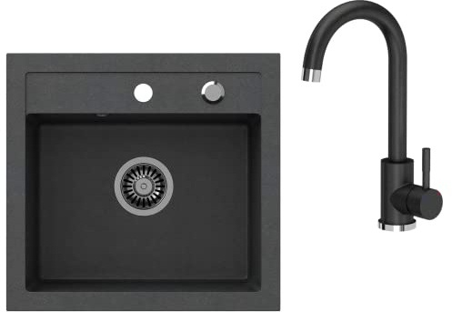 VBChome Spülbecken mit Armatur 50 x 47 cm Schwarz Granit Spüle Einzelbecken Küche Einbauspüle Verbundspüle Küchenspüle gesprenkelt Spülbecken Siphon Armatur