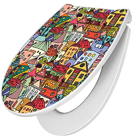banjado Premium Toilettendeckel mit Absenkautomatik 45x38,4cm / WC Brille Soft Close/hygienischer Toilettendeckel/Klodeckel Duroplast mit Edelstahl Scharnier/Motiv Funky Town