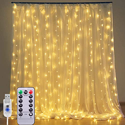 XRR Tenda Luminosa - 3MX3M 300LED Natale Tenda Luci LED Decorative Adatto con Telecomando USB e Alimentato 8 ModalitàStringa Luce Catena per Esterni, Interni, Camera da Letto, Giardino(Bianco caldo)