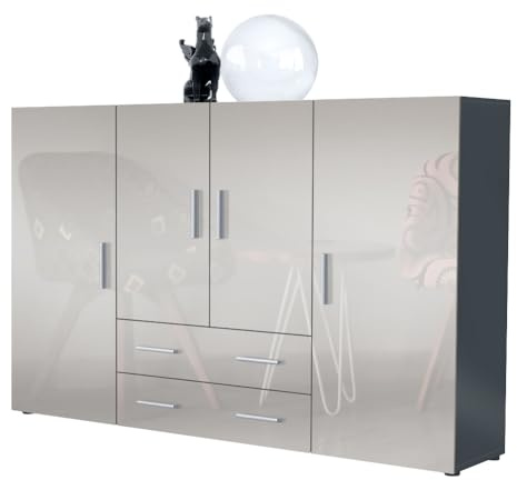 Vladon Highboard Nora Anrichte mit 2 Schubladen und 4 Türen mit insgesamt 8 Fächer dahinter, Anthrazit matt/Sandgrau Hochglanz (166,5 x 106,5 x 35 cm)