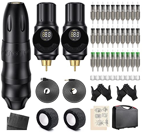 Biomaser Rotary tattoo Machine Pen Kit with 2Pcs Wireless 2000 mAh tattoo battery 30 Piece tattoo Cartridges Needles For Beginner and Artist