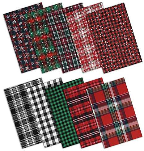 10 Stück Weihnachten Karierte Bündel Steppstoff, 16 x 20 Zoll Rechteck Tuch Rot Grün Gitter Schneeflocke Patchwork Stoff Fetzen für Süßigkeiten Geschenkverpackung Näharbeiten DIY Handwerk