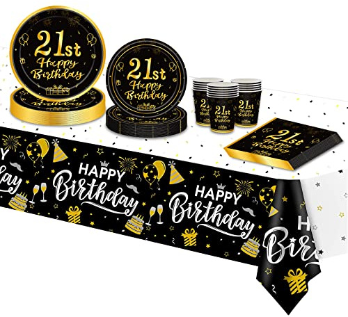 TOPWAYS Noir Or Assiette Jetable Décoration Anniversaire 21 Ans - Vaisselle Lot, Papier Assiette, Gobelets, Serviette, Nappe pour Deco Femmes Homme 16 Invités