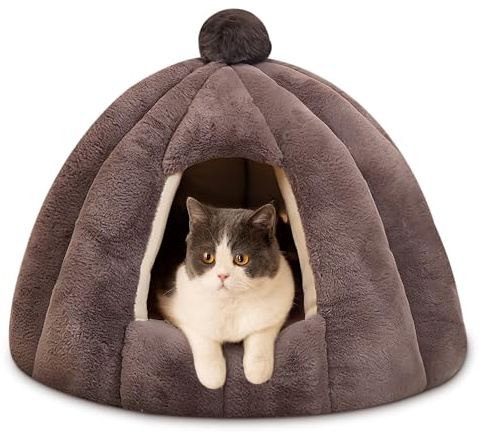 ALLSOPETS Hundehöhlenbett Katzenhöhle Igloo-Nest mit Abnehmbarem Waschbarem Kissen, Kuscheliges Warmes Haustierzelt für Kleine bis Mittelgroße Hunde und Katzen (Aschgrau, M)