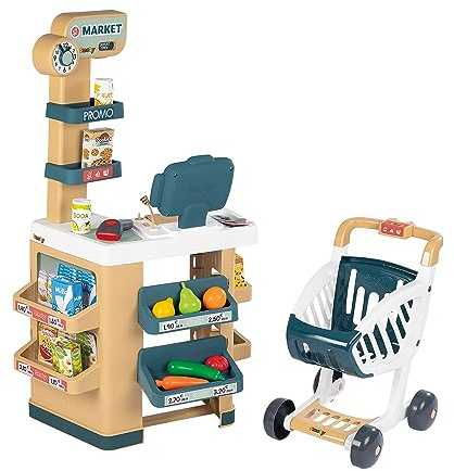 Smoby - Marchande - Supermarché pour Enfant - Chariot de Course Inclus - Caisse Enregistreuse avec Fonctions Electroniques - 34 Accessoires - A Partir de 3 Ans