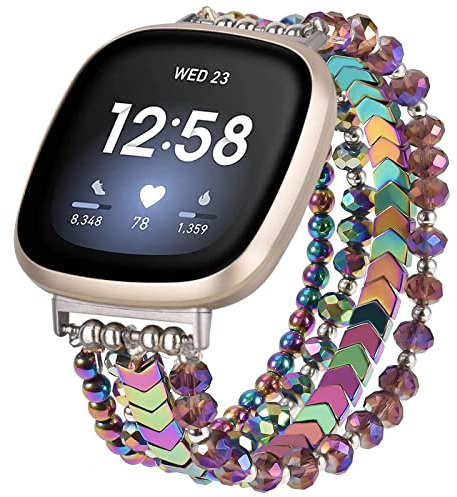 VISOOM Perlenarmband Kompatibel mit Fitbit Versa 4/Sense 2/Versa 3 Armband Damen, Glitzer Mode Elegant Beaded Boho Schmuckarmband Für Fitbit Sense, Regenbogen