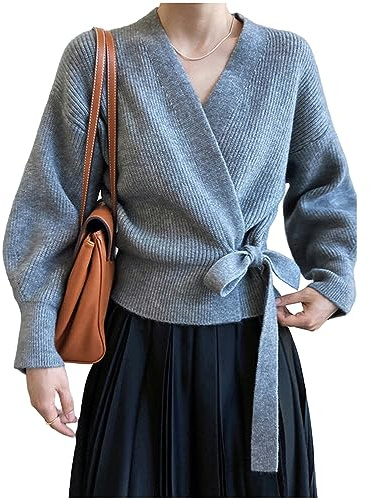 LLaviD Cardigan Estivo Donna Autunno Vintage Maglione con Scollo A V Cravatta da Donna Cardigan Lavorato A Maglia Allentato Top Incrociato Femminile