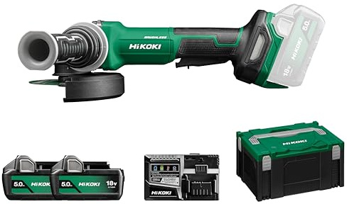 HIKOKI Akku Winkelschleifer G1813DF (18V, 2x5,0 Ah Li-ion Akkus, Schleifscheiben Ø: 125 mm, Antriebsspindel: M14, Leerlaufdrehzahl: 8000 min-1, Brushless Motor) Plus Zubehör komplett im HSC III Koffer