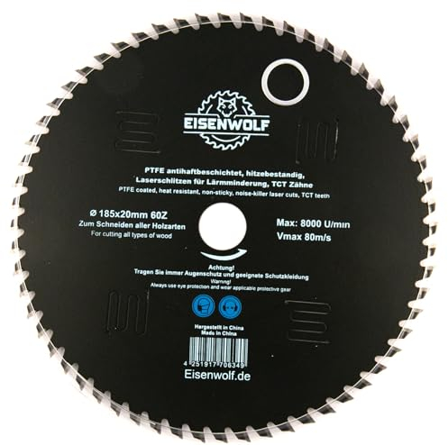 Eisenwolf Lama per sega circolare 185 x 20 mm per legno con 60 denti TCT inclinati, rivestimento antiaderente PTFE e taglio laser per ridurre il rumore