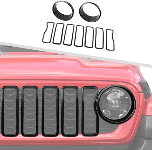 Jimen for 2024 Jeep Wrangler 4xe grill inserts, 9PCS Headlight Cover & Grille Insert Compatible with Jeep Wrangler JL JLU 2024+, NOT FIT JL Sport/Sport S (Black)