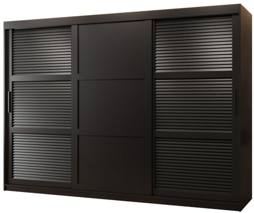 MEBLE KRYSPOL ŻALUZJA 3 Dreitüriger Schrank mit Schiebetüren mit Stangen und Regalen - Moderner Aufbewahrungsschrank für Schlafzimmer, Wohnzimmer - 200x250x62cm - Schwarz, Schwarz, Schwarz