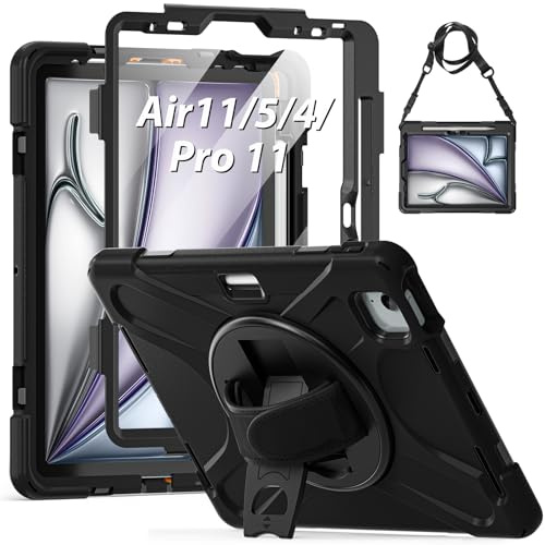Gerutek Funda Anticaída para iPad Air 11 M2 (2024)/Air 11 M3 (2025)/Air 5ª/Air 4ª 10.9/Pro 11, Carcasa Rugosa con Protector Pantalla, Soporte 360° Giratorio, Correa de Mano/Hombro, Portalápiz, Negro