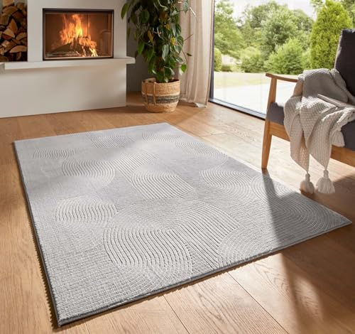 Taracarpet Kurzflor Boho Skandi Polyester Teppich in 3D Optik waschbar, pflegeleicht und robust ideal fürs Wohnzimmer, Schlafzimmer und Kinderzimmer auch als Badematte Grau Wellen 080x150 cm