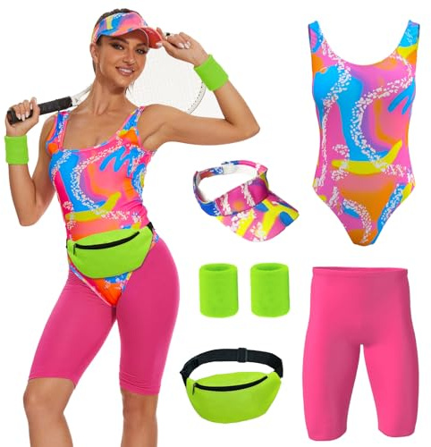OPAEHJF 80er Jahre Outfit Damen Set,80er Jahre Workout Kostüme für Damen | mit Bauchtasche, Sonnenblenden Hut, Handgelenkbänder, für Halloween Karneval Cosplay kleidung