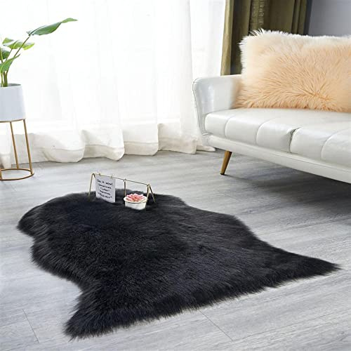 Tappeto in finta pelliccia morbida e soffice, stile pelle di pecora, coprisedia in pile sintetico, morbido e soffice, per camera da letto, divano, pavimento, nero, 60 x 120 cm