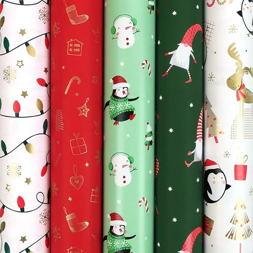 WINTERGLOW Geschenkpapier - Weihnachtspapier Geschenkpapier für Weihnachten - 200 x 70 cm - 5 Rollen