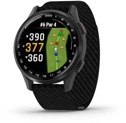 Garmin Approach® S50, Advanced Golf GPS Smartwatch, AMOLED Display, On-Course Features, Wrist-Based Heart Rate, Slate Aluminum Bezel with Black ComfortFit Nylon Band