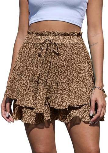 Yutdeng Pantalones Cortos Mujer Fluidos Gasa Falda Estampado Floral de Cintura Alta, Elegantes Shorts Ligeros para Playa, Bermudas Boho con Volante
