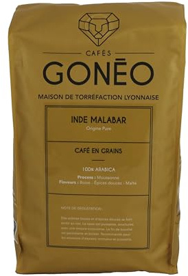 CAFÉS GONÉO - Café En Grains - Inde Malabar - 100% Arabica - Arômes Boisés & Epices Douces - Notes maltées - Café raffiné et intense - Moments gourmands - 1 kg
