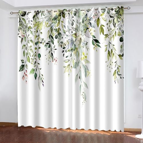 Lirzxin Vorhang Blickdicht 138 cm Lang, Vorhänge Verdunkelung mit Ösen 2er Set Grün Blumen Reben Blätter Muster Gardinen für Kinderzimmer Jugendzimmer Wohnzimmer Schlafzimmer, 86x138 cm(BxH)