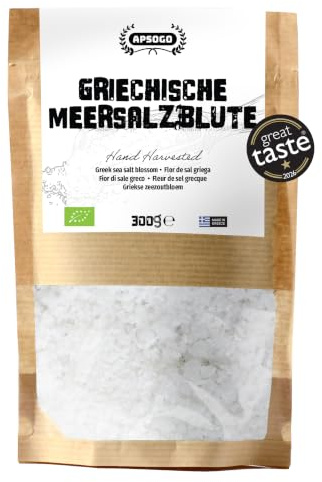 Apsogo Griechisches Meersalz - Fleur de Sel Art, grobe Kristalle, 300g | Naturbelassenes grobes Meersalz aus der Ägäis - grobes Salz in Fleur-de-Sel-Art für Fleisch, Fisch und Salat.