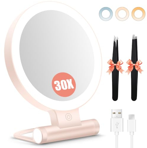 B Beauty Planet 30X/1X Kompaktspiegel mit Beleuchtung | Einstellbare Helligkeit, Doppelseitiger, 3-Farben-Licht, 2000mAh, Klappbar, Für Zuhause & Reisen