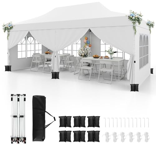 FANTASK Gartenpavillon, Partyzelt mit 6 abnehmbaren Seitenwänden & Sandsäcke, 3x6m Faltpavillon, Winterfest, wasserabweisend, UV-Schutz 50+, stabil (Weiß)
