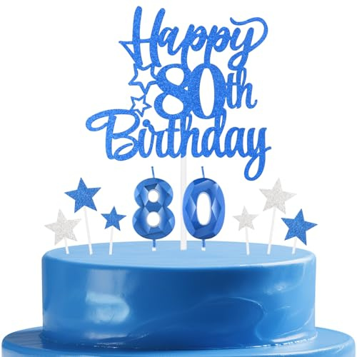 mciskin Royal Blue 80th Birthday Candles Cake Toppers Set,80th Birthday Decorations for Men,Sapphire Number 80 Candle for Cake,Royal Blue and Silver Star Cake Toppers for Men Women Birthday Party