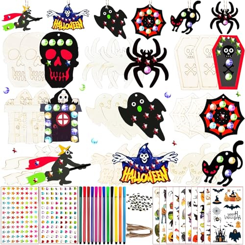 YceLon 71-teiliges Halloween Deko DIY Set, Holzfiguren zum Gestalten für Erwachsene, Kreatives Kunsthandwerk für Halloween Party Dekoration, DIY Holzornamente zum Bemalen, 9 Designs