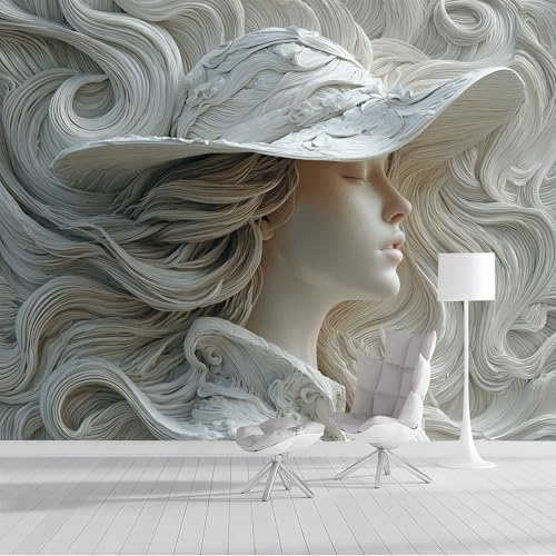 DLERFLOVR Beautiful Woman 3D Silk Wall Mural Relief Face Photo Wallpaper Poster Picture Design for Living Room Kids' Bedroom & Home Interiors, 250x175cm, Light Gray