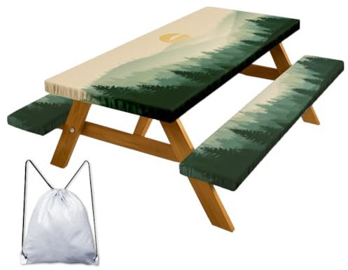 ANATTASOUL Outdoor Tischdecke Bankbezug 3er Set Wälder Tischdecken 183x76.5cm, 2 Bankbezügen 183x30.5cm Tischdecke mit Gummizug Wrinkle Free Gartentischdecke Wetterfest mit Zugbeutel