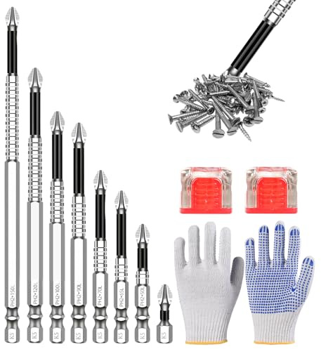 K5 - Set di punte a croce antiscivolo, 8 pezzi, con guanti e magneti, per trapani a mano e avvitatore a percussione (25-150 mm)